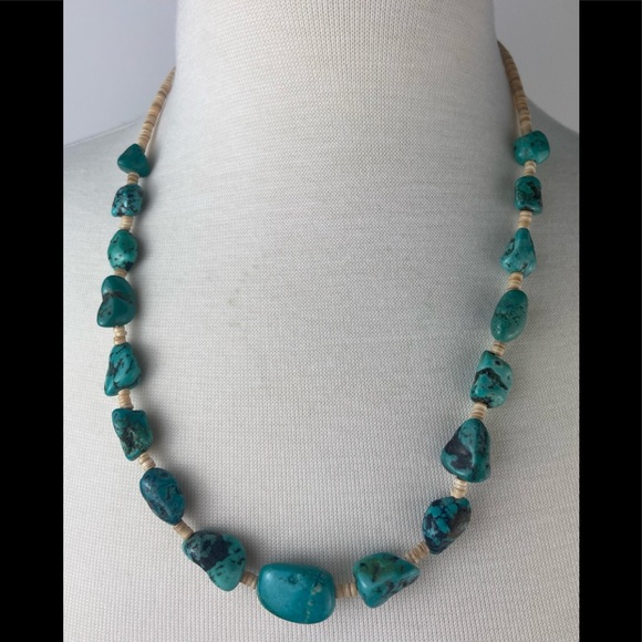 Turquoise Nugget And Heishi Shell Bead Sterling - Picture 4 of 11